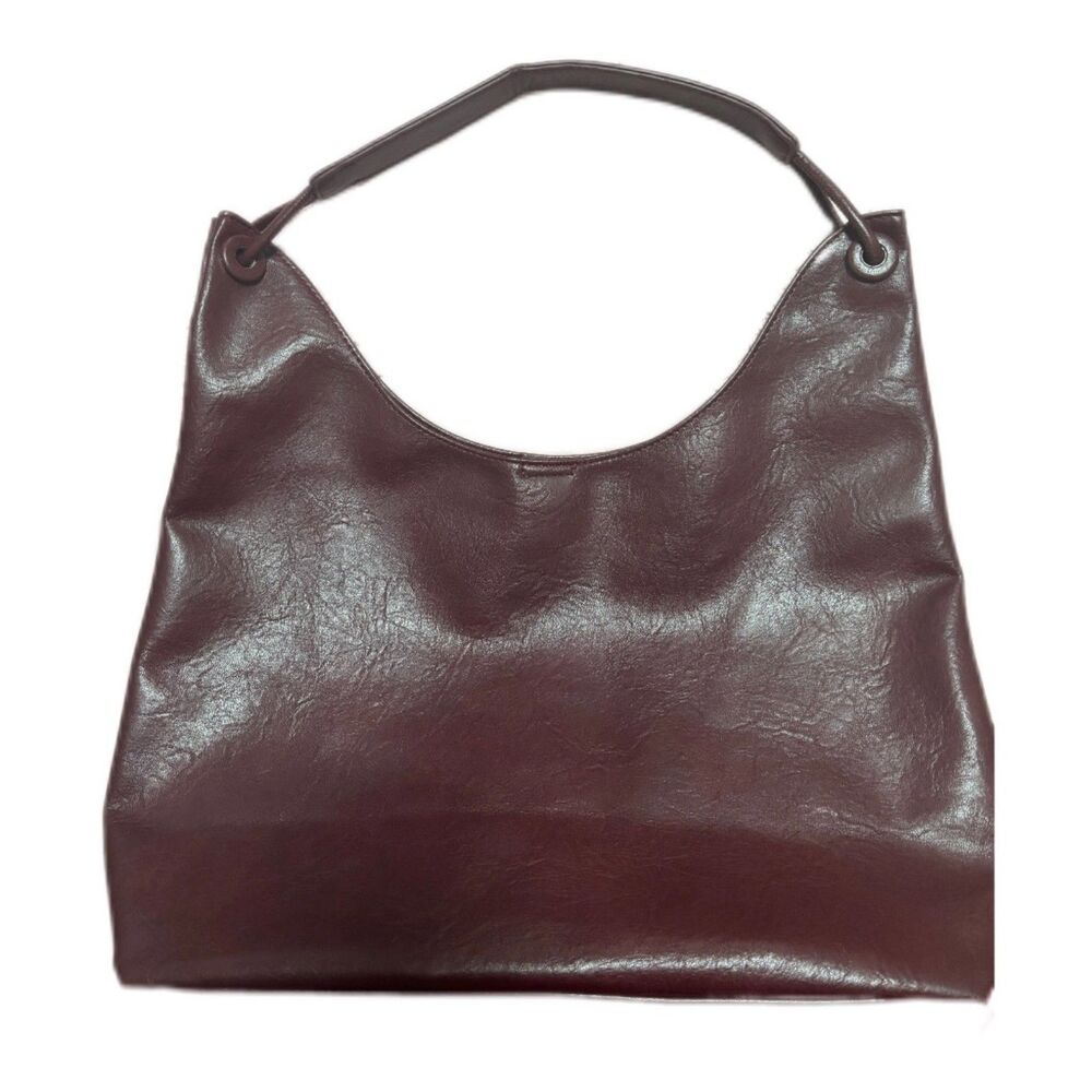 Large Burgundy Faux Leather Tote Bag with Matching Wristlet - Top Handle